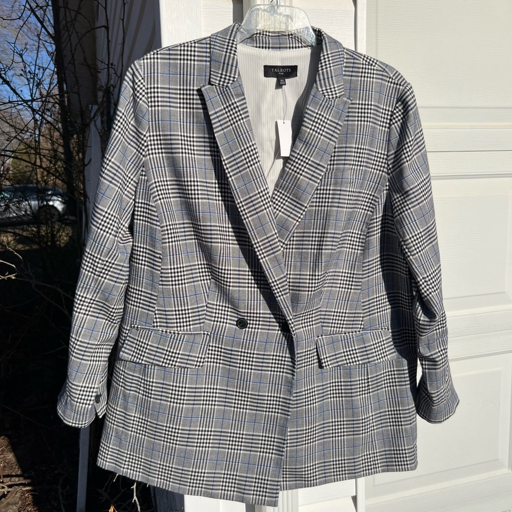 NWT Talbots Gorgeous White Black Blue Plaid Double Breasted Lined Blazer